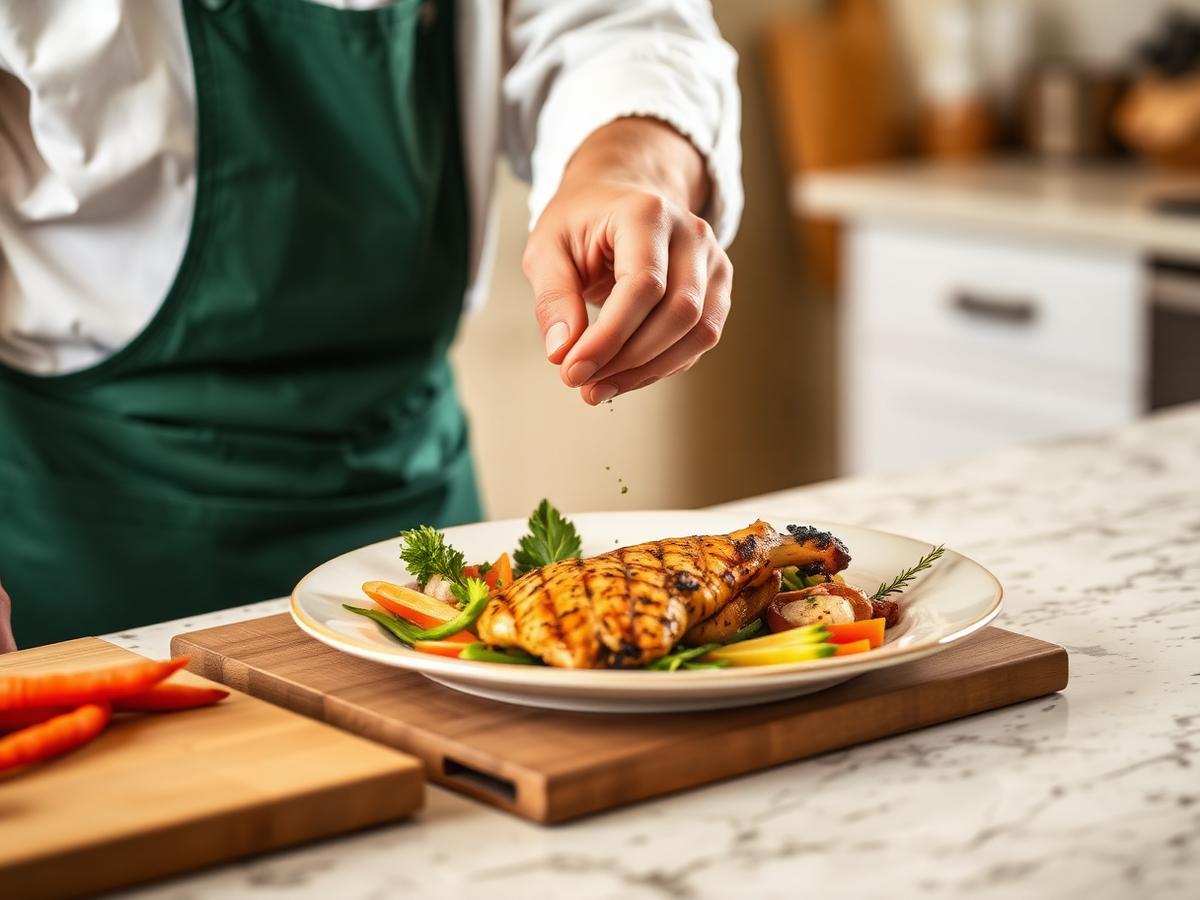 Chef seasoning a freshly plated chicken dish in the kitchen