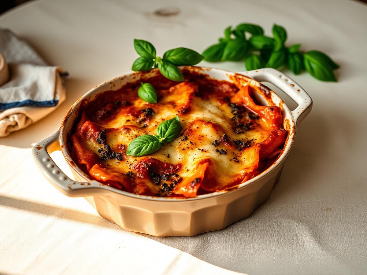 Baked family-style pasta dish with fresh basil
